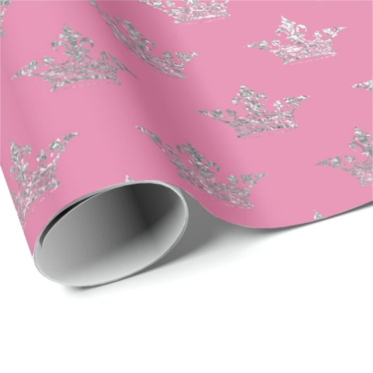Royal Crown Pink Silver Floral Shiny Vip Geschenkpapier (Rolleneckpunkt)