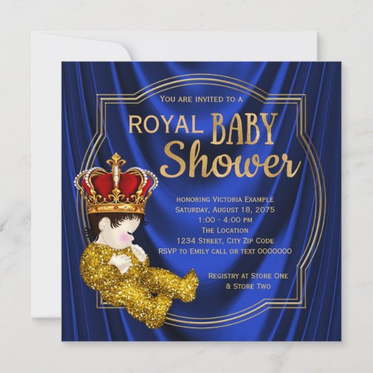 Royal Crown Prince Baby Dusche Blue Gold Einladung (Rückseite)