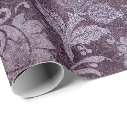 Royal Damask Distressed Lila Plum Floral Gray Geschenkpapier (Rolleneckpunkt)