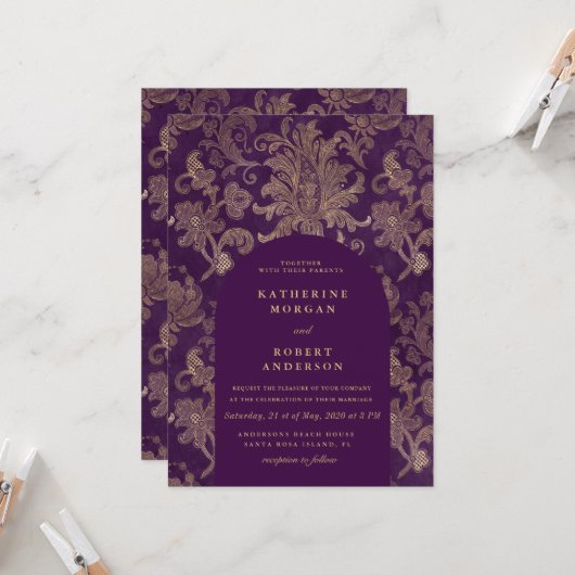 Royal Damask Elegantes Lila Hochzeitserlebnis Einladung (Vorderseite/Rückseite Beispiel)