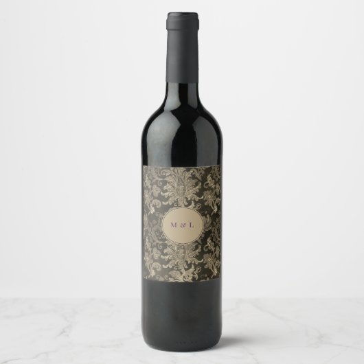 Royal Damask Gold Monogram Wedding Wine Label Weinetikett (Vorderseite)