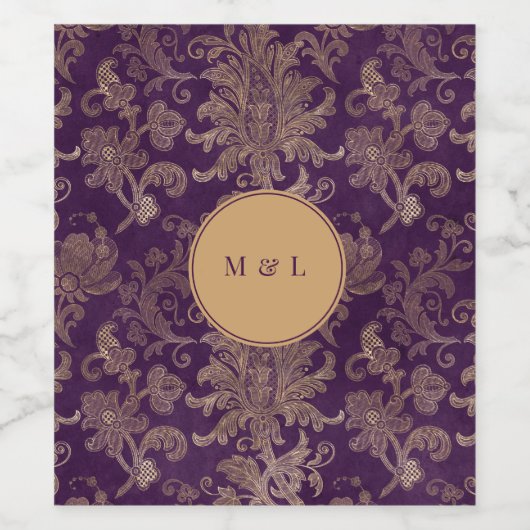 Royal Damask Lila Monogram Wedding Weinetikett (Einzelnes Label)