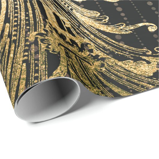 Royal Damask Sepia Imitate Gold Floral Black Drops Geschenkpapier (Rolleneckpunkt)