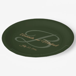 Royal Dark Green Blätter Gold Frame Wedding Pappteller