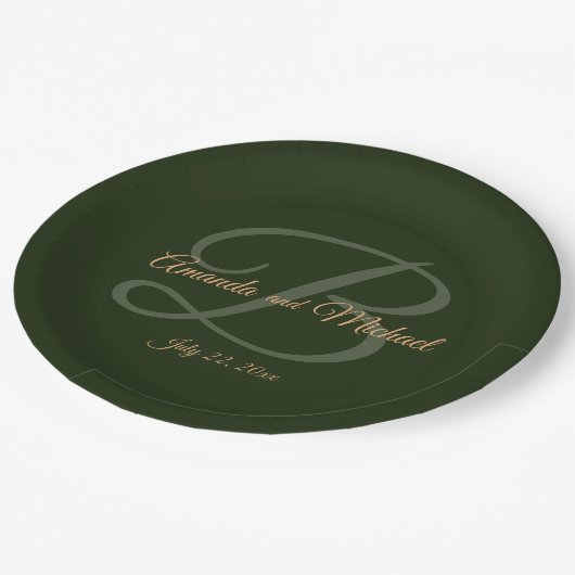 Royal Dark Green Blätter Gold Frame Wedding Pappteller (Schrägansicht)