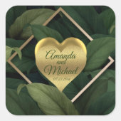 Royal Dark Green Blätter Gold Frame Wedding Quadratischer Aufkleber (Vorderseite)