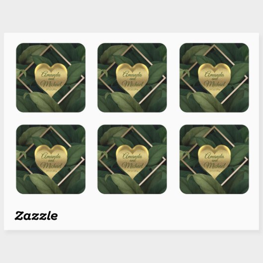 Royal Dark Green Blätter Gold Frame Wedding Quadratischer Aufkleber (Blatt)
