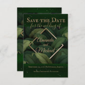 Royal Dark Green Blätter Gold Frame Wedding Save The Date (Vorne/Hinten)