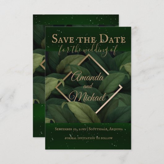 Royal Dark Green Blätter Gold Frame Wedding Save The Date (Vorne/Hinten)