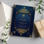 Royal dunkelblau Gold Floral QR Code Muslim Hochze Einladung