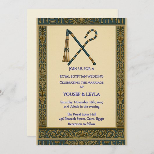 Royal Egyptian Crook & Flail Gold Wedding Einladung (Vorne/Hinten)