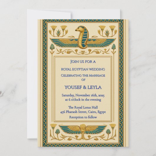 Royal Egyptian Winged Cobra Lotus Gold Wedding Einladung (Vorderseite)