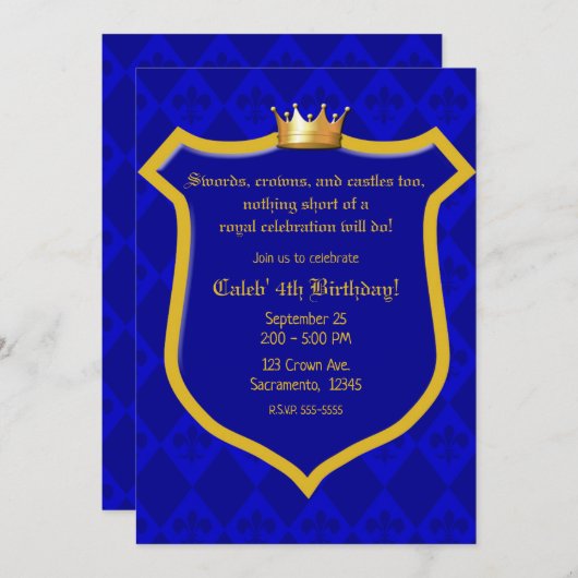 Royal Electric Blue Gold Shield Crown Prince Party Einladung (Vorne/Hinten)