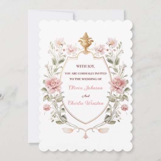 Royal Elegance Wedding Pink Florals Golden Crest Einladung (Vorderseite)