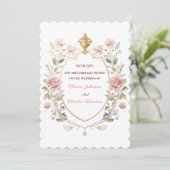 Royal Elegance Wedding Pink Florals Golden Crest Einladung (Stehend Vorderseite)