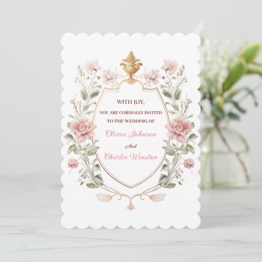 Royal Elegance Wedding Pink Florals Golden Crest Einladung (Stehend Vorderseite)