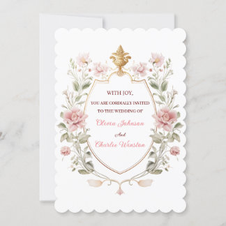 Royal Elegance Wedding Pink Florals Golden Crest Einladung