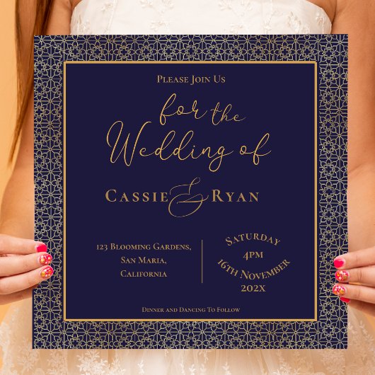 Royal Elegant Blue and Gold Wedding Einladung