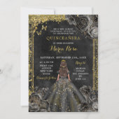 Royal Elegante Gold und Black Rose Quinceñera Einladung (Vorderseite)