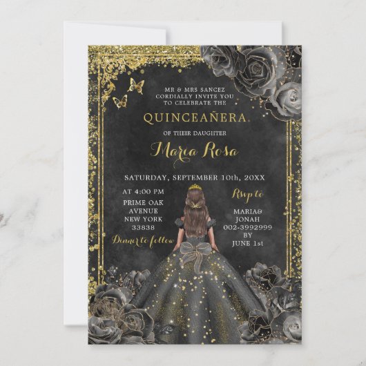Royal Elegante Gold und Black Rose Quinceñera Einladung (Vorderseite)