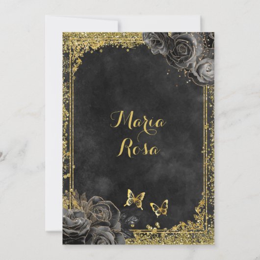 Royal Elegante Gold und Black Rose Quinceñera Einladung (Rückseite)