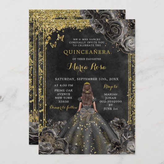 Royal Elegante Gold und Black Rose Quinceñera Einladung (Vorne/Hinten)
