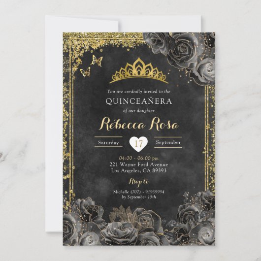 Royal Elegante Gold und Black Rose Quinceñera Einladung (Vorderseite)