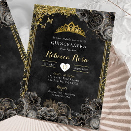 Royal Elegante Gold und Black Rose Quinceñera Einladung