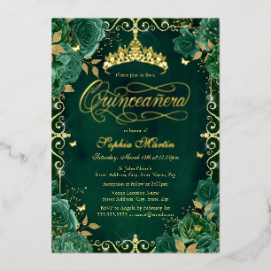 Royal Emerald Gold Butterfly Rosen Quinceanera Folieneinladung