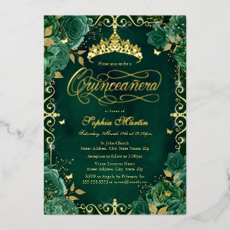 Royal Emerald Gold Butterfly Rosen Quinceanera Folieneinladung