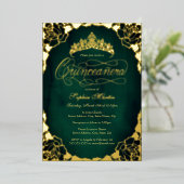 Royal Emerald Gold Elegante Script Quinceanera Folieneinladung (Stehend vorne)