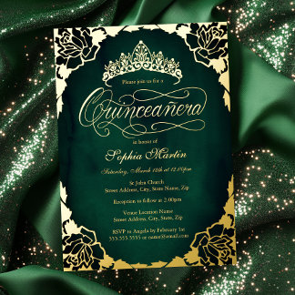 Royal Emerald Gold Elegante Script Quinceanera Folieneinladung