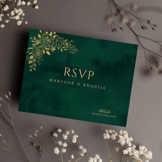 Royal Emerald Green Gold Floral Wedding RSVP Postkarte