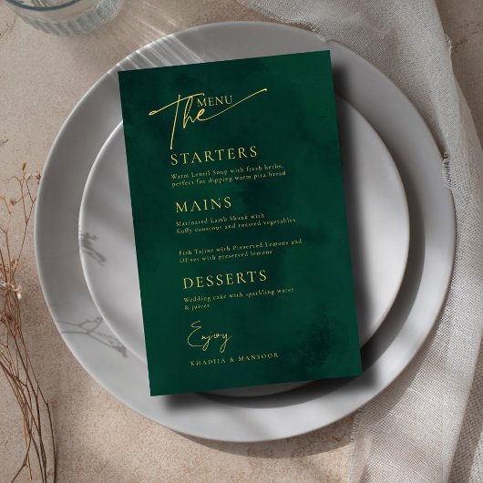 Royal Emerald Green Gold Islamic Wedding Menu Card