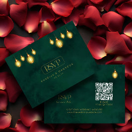 Royal Emerald Green Golden Lights QR Wedding RSVP Begleitkarte