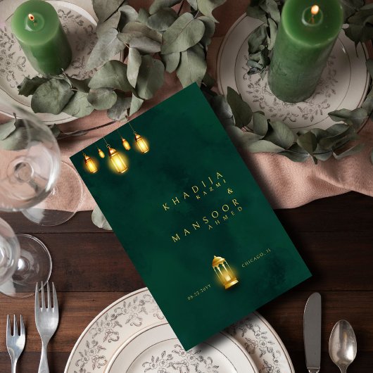 Royal Emerald Green Golden Lights Wedding Menu