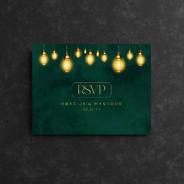 Royal Emerald Green Golden Lights Wedding RSVP Postkarte