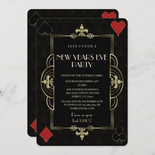 Royal Fleur-de-Lis Art Deco New Year Party Einladung (Vorne/Hinten)