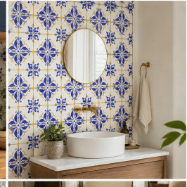 Royal Fleur Elegant Blue and Gold Botanical Mosaic Fliese