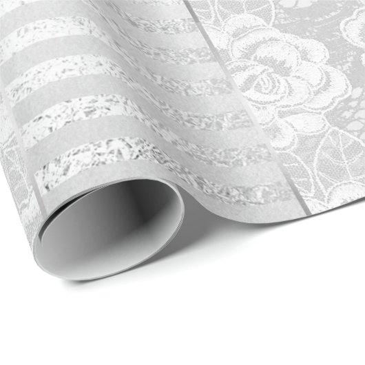 Royal Floral Rose Silver White Lace Streifen Geschenkpapier (Rolleneckpunkt)