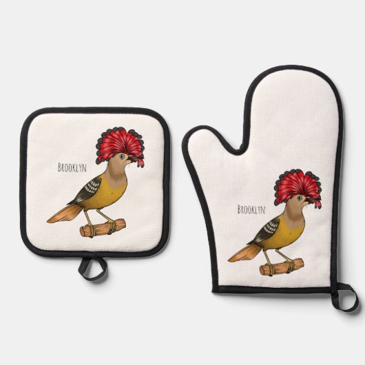 Royal Flycatcher Cartoon Illustration Ofenhandschuh & Topflappen-Set (Vorderseite)