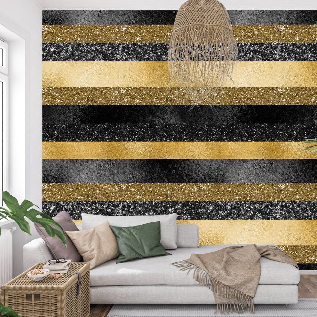 Royal French Sparkle schwarz und golden Streifen Tapete (Royal French Sparkle black and golden stripes Wallpaper)