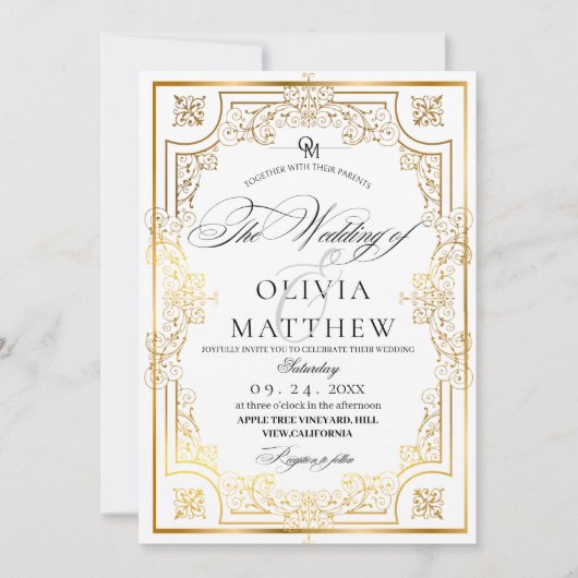 Royal Gold and White Script Wedding Einladung (Vorderseite)