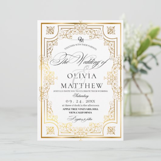 Royal Gold and White Script Wedding Einladung (Stehend Vorderseite)