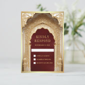 Royal Gold Arch Maroon Wedding RSVP Karte (Stehend Vorderseite)