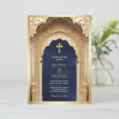 Royal Gold Arch Religious Christlich Blue Wedding Einladung (Stehend Vorderseite)