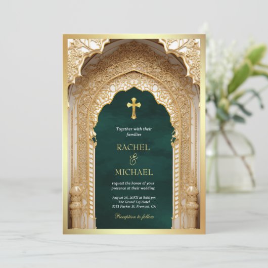 Royal Gold Arch Religious Christlich Green Wedding Einladung (Stehend Vorderseite)