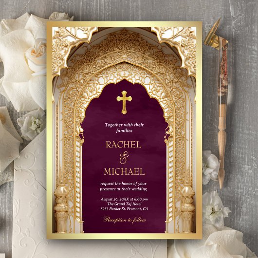 Royal Gold Arch Religious Christlich Plum Wedding Einladung