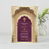 Royal Gold Arch Religious Christlich Plum Wedding Einladung (Stehend Vorderseite)