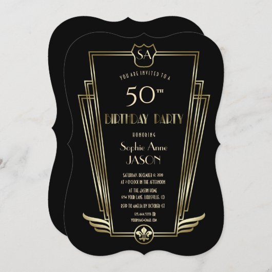 Royal Gold Art Deco Monogram Birthday Party Einladung (Vorne/Hinten)